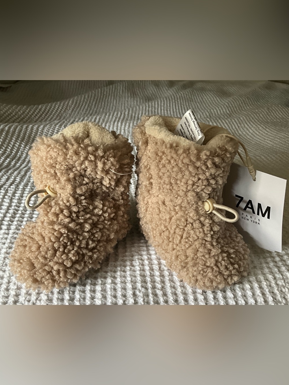 7AM Paris Teddy Sherpa Baby Booties - Beige 0-6 months